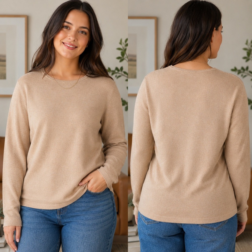 Neiman Marcus Cashmere‎ Collection Tan Camel Crewneck Sweater Womens XL AM68088